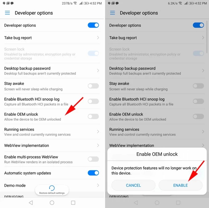 Enable Oem Unlocking and Usb Debugging