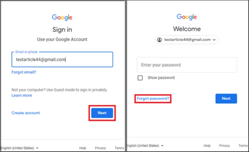 Forgot Email or Password Recovery Screen