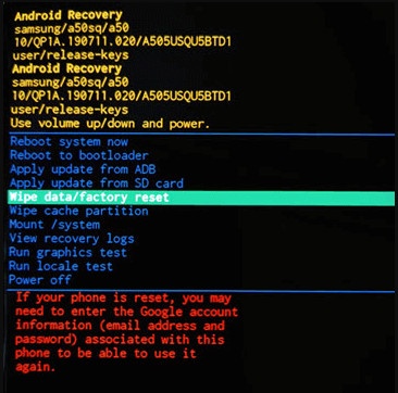 Using Volume Buttons to Highlight Factory Reset