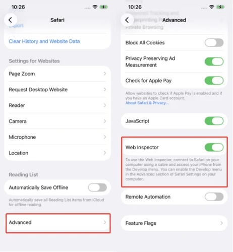 Enable Web Inspector on Iphone Safari