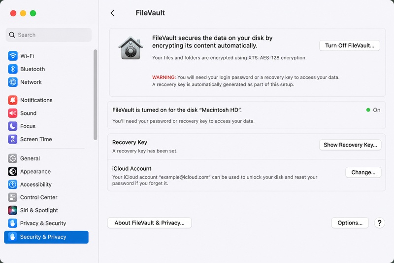 Filevault Recovery Settings on Mac