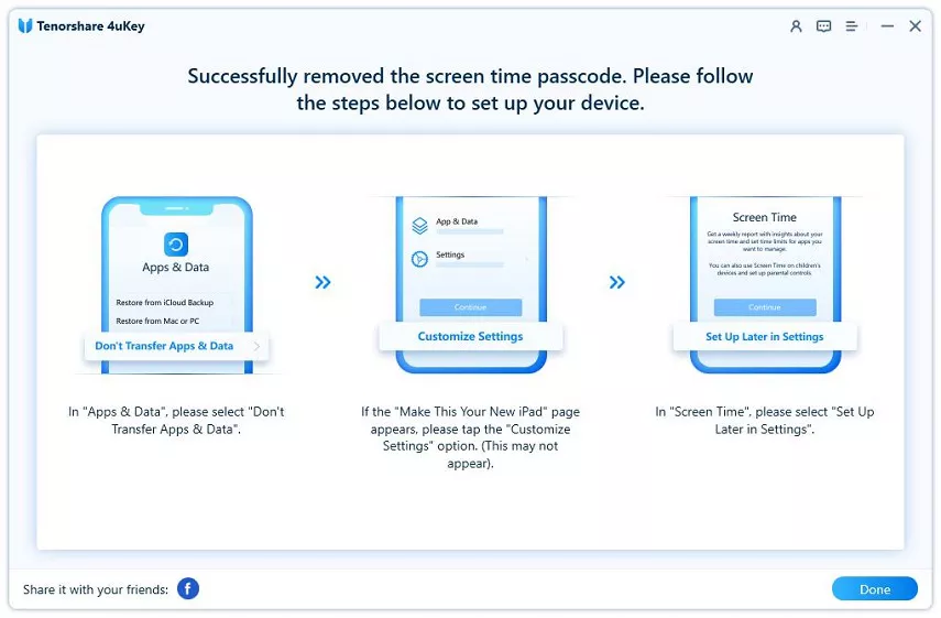 4ukey removed screen time passcode successfully