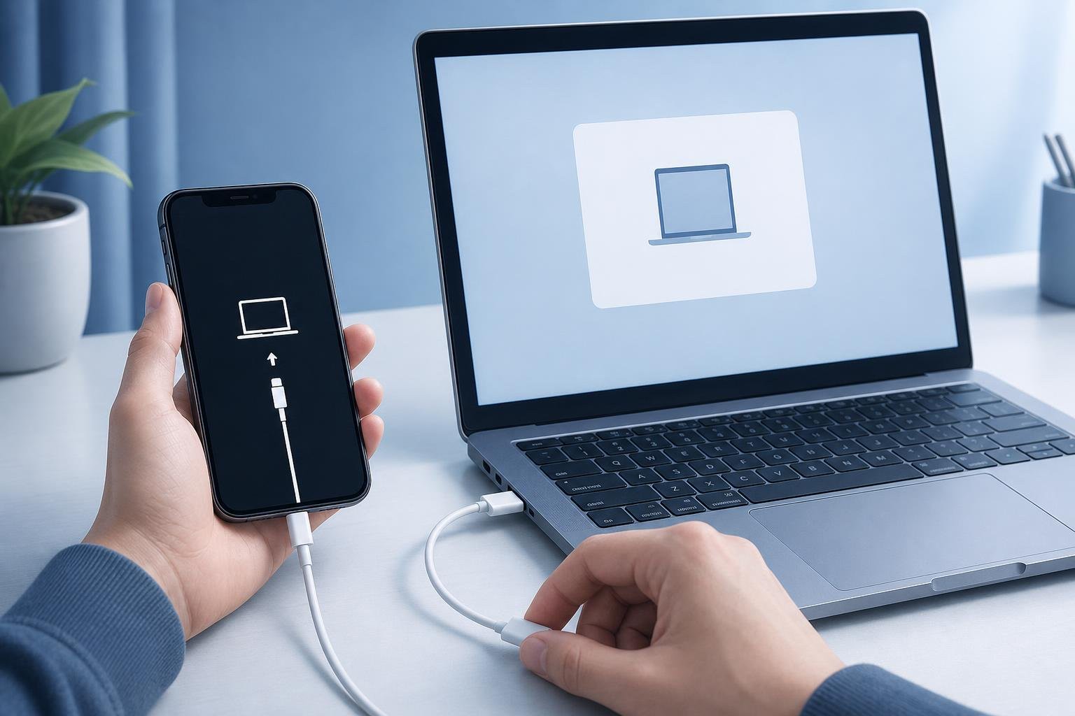 A user connecting a locked iPhone to a laptop with a USB cable to use Recovery Mode.