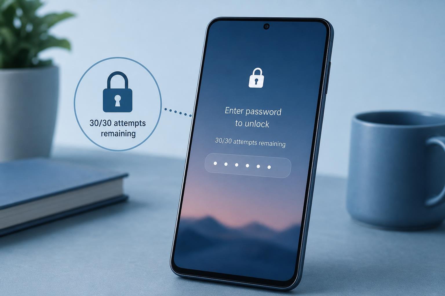 Android or LG lock screen showing enter password to unlock 30/30 attempts remaining warning